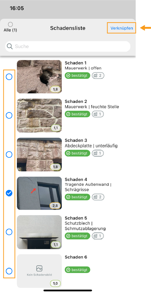Schäden mit Empfehlung verknüpfen - Auswahl